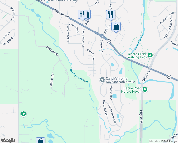 map of restaurants, bars, coffee shops, grocery stores, and more near 18343 Piers End Drive in Noblesville