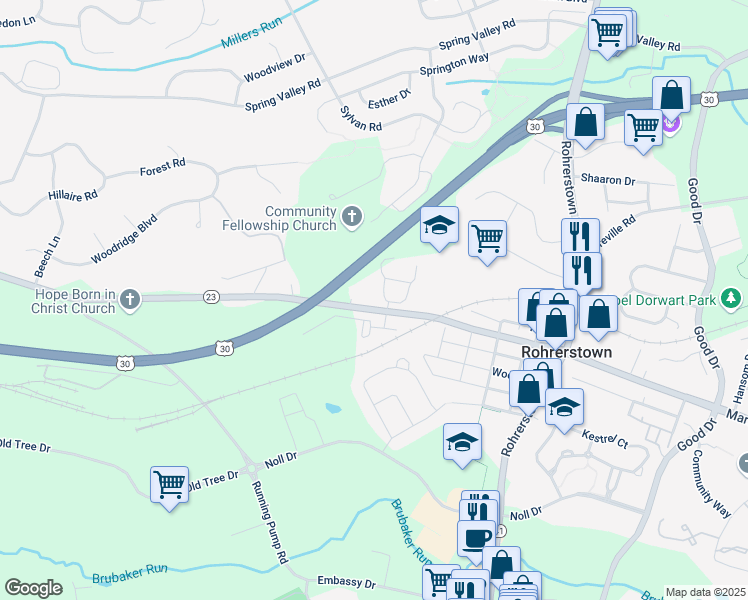 map of restaurants, bars, coffee shops, grocery stores, and more near 2435 Marietta Avenue in Lancaster
