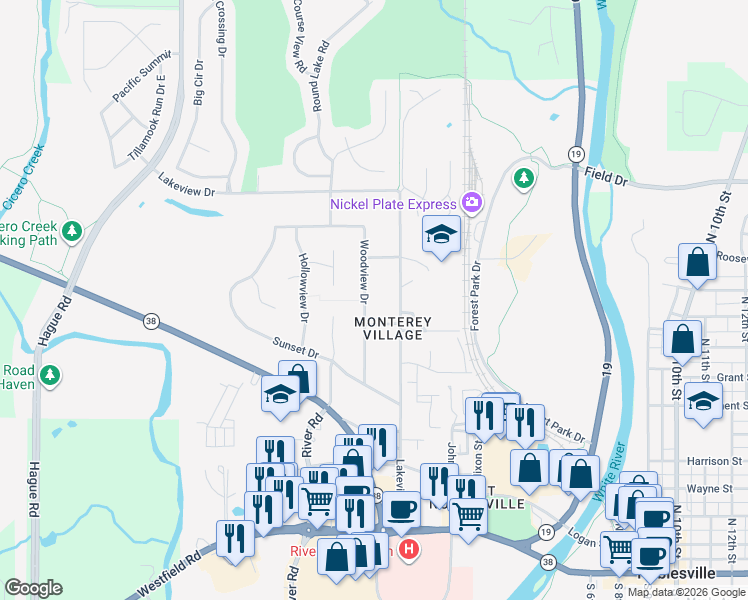 map of restaurants, bars, coffee shops, grocery stores, and more near 432 Woodview Dr in Noblesville