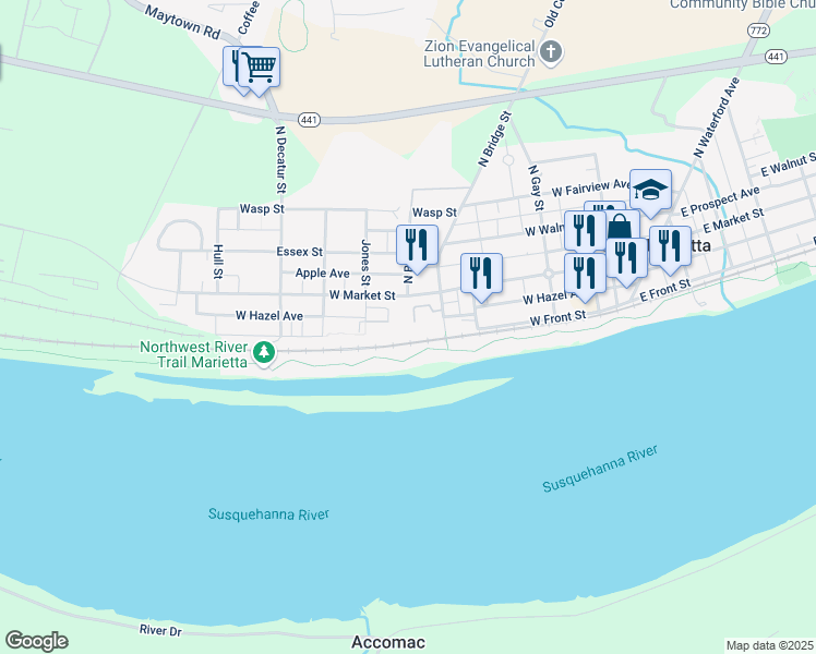 map of restaurants, bars, coffee shops, grocery stores, and more near 421 West Market Street in Marietta