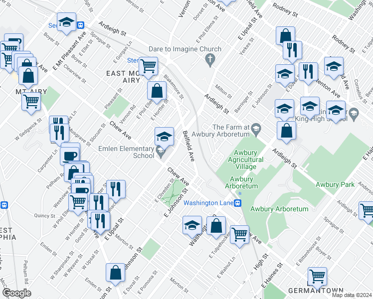 map of restaurants, bars, coffee shops, grocery stores, and more near 399 East Cliveden Street in Philadelphia