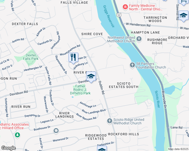 map of restaurants, bars, coffee shops, grocery stores, and more near 3395 Saint Charles Lane in Hilliard
