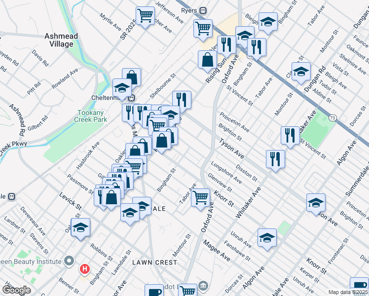 map of restaurants, bars, coffee shops, grocery stores, and more near 6826 Bingham Street in Philadelphia