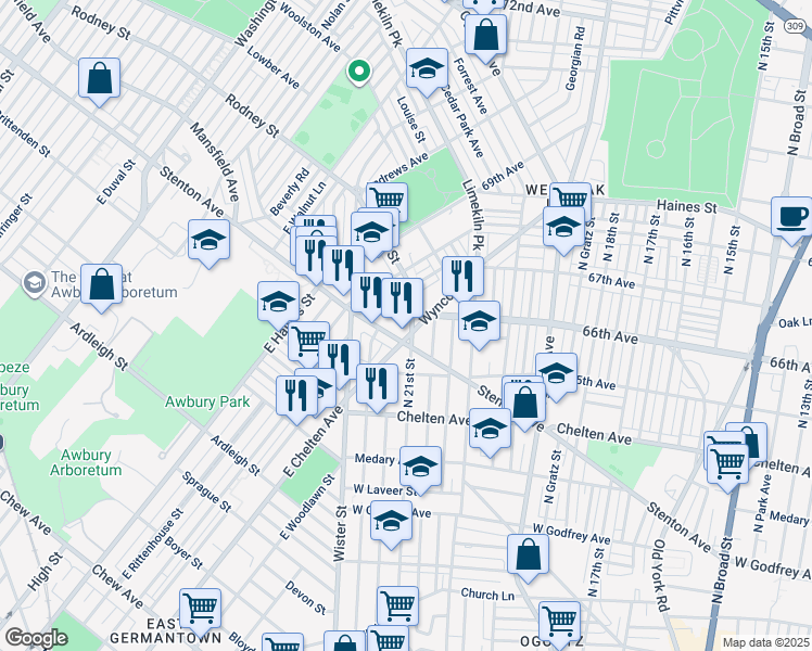 map of restaurants, bars, coffee shops, grocery stores, and more near 6520 North 21st Street in Philadelphia