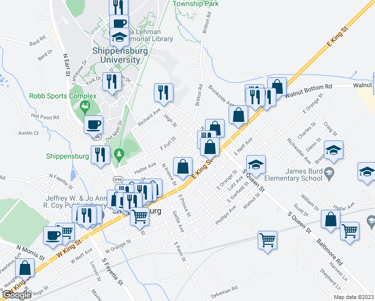 map of restaurants, bars, coffee shops, grocery stores, and more near 314 East Burd Street in Shippensburg