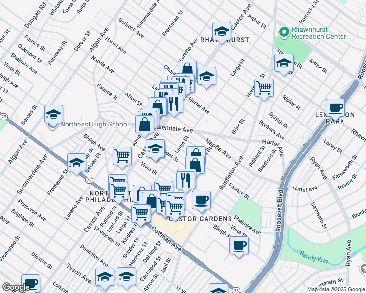 map of restaurants, bars, coffee shops, grocery stores, and more near 2101 Faunce Street in Philadelphia