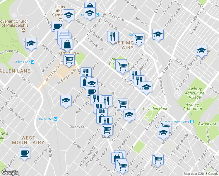 map of restaurants, bars, coffee shops, grocery stores, and more near 6725 Musgrave Street in Philadelphia