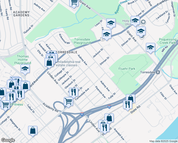 map of restaurants, bars, coffee shops, grocery stores, and more near 4524 Aubrey Avenue in Philadelphia