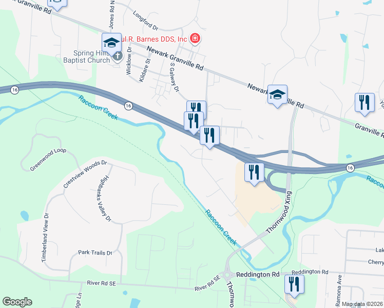map of restaurants, bars, coffee shops, grocery stores, and more near 1000 Speedway Drive in Granville