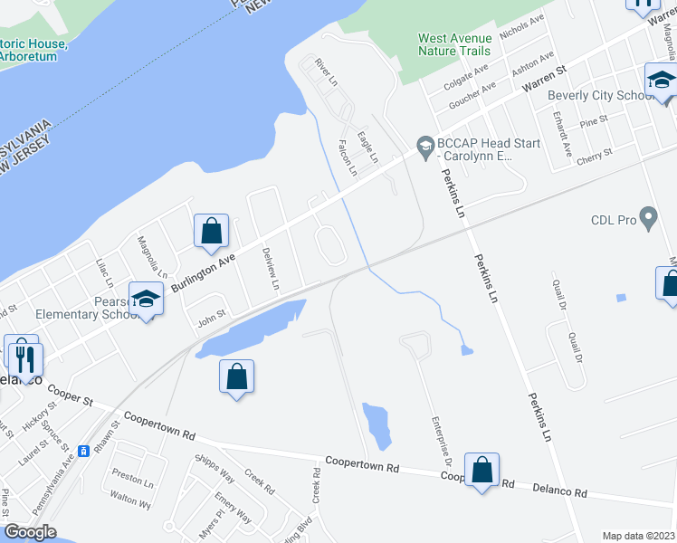 map of restaurants, bars, coffee shops, grocery stores, and more near 11 Tieman Circle in Delanco