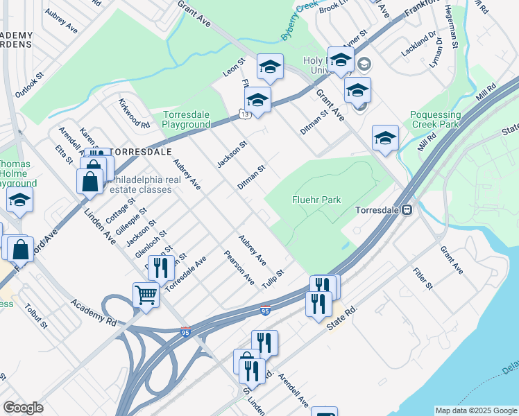 map of restaurants, bars, coffee shops, grocery stores, and more near 4701 Convent Place in Philadelphia