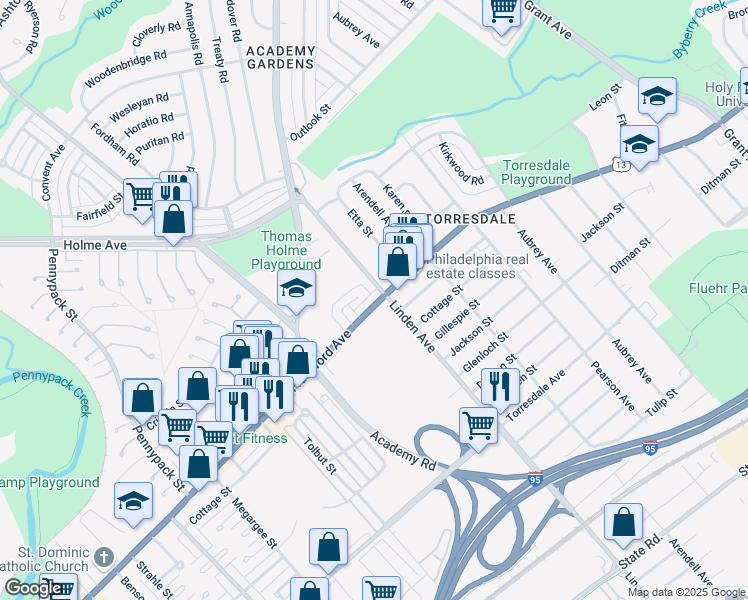 map of restaurants, bars, coffee shops, grocery stores, and more near 9176 Frankford Avenue in Philadelphia