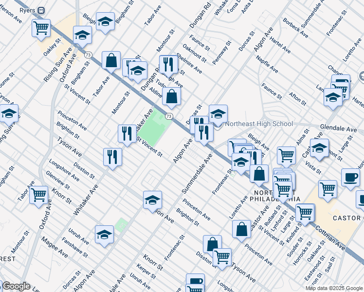 map of restaurants, bars, coffee shops, grocery stores, and more near 7228 Algon Avenue in Philadelphia
