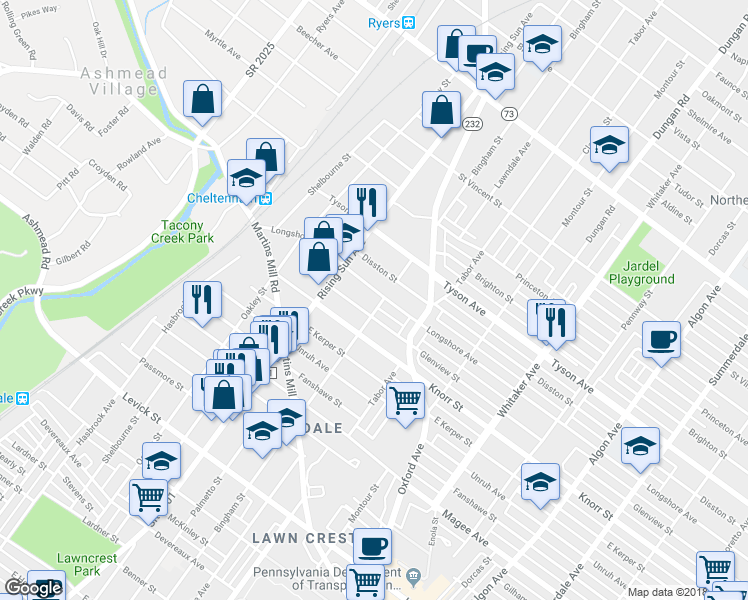 map of restaurants, bars, coffee shops, grocery stores, and more near 543 Glenview Street in Philadelphia