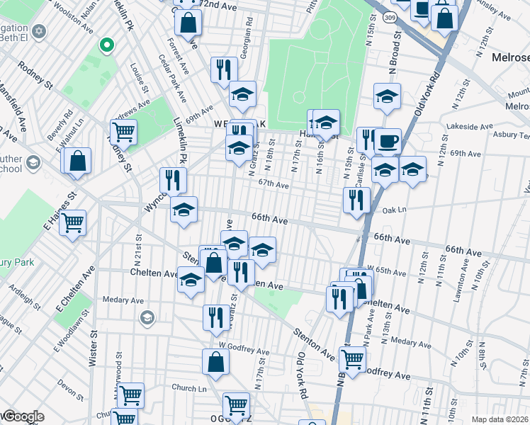 map of restaurants, bars, coffee shops, grocery stores, and more near 6603 North Bouvier Street in Philadelphia