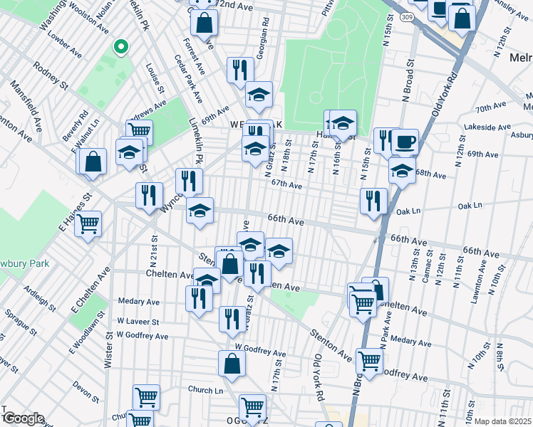 map of restaurants, bars, coffee shops, grocery stores, and more near 6551 North Gratz Street in Philadelphia