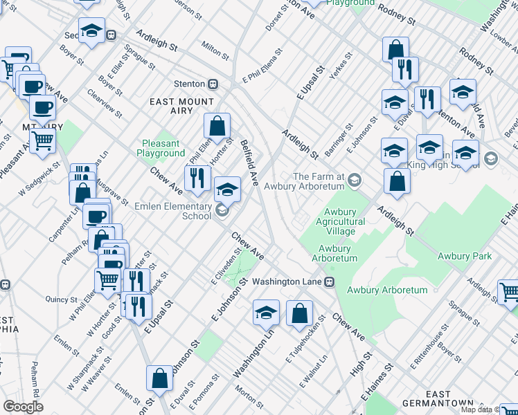 map of restaurants, bars, coffee shops, grocery stores, and more near 6455 Belfield Avenue in Philadelphia