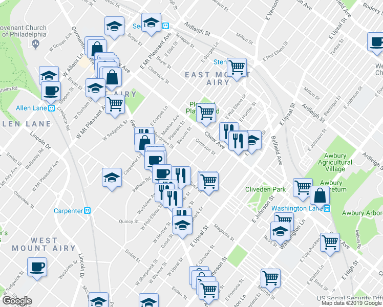 map of restaurants, bars, coffee shops, grocery stores, and more near 6716 Bass Street in Philadelphia