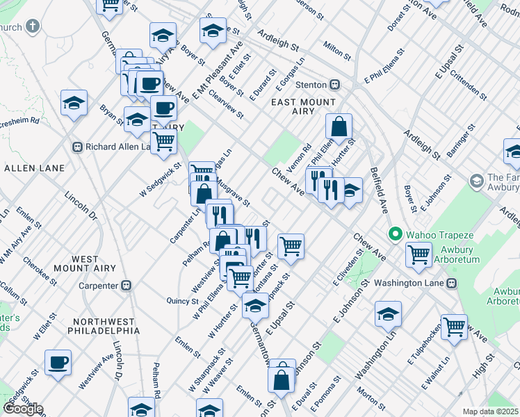 map of restaurants, bars, coffee shops, grocery stores, and more near 6725 Musgrave Street in Philadelphia