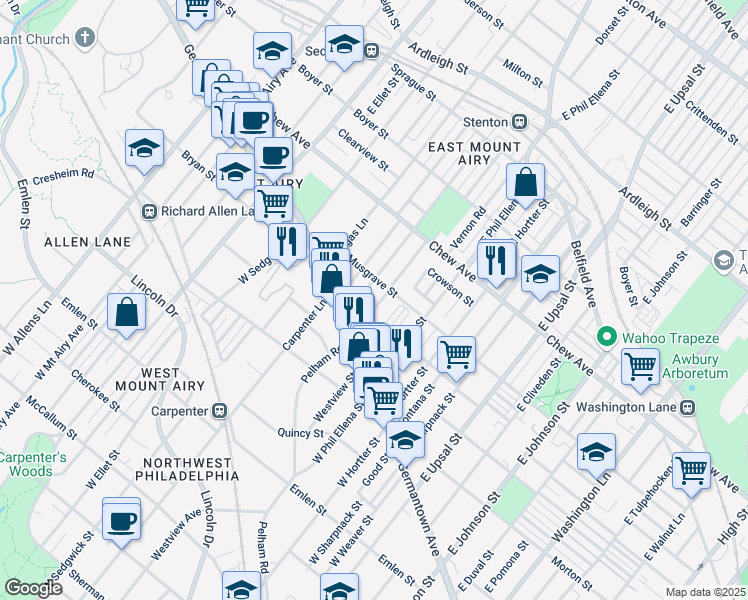 map of restaurants, bars, coffee shops, grocery stores, and more near 66 Slocum Street in Philadelphia