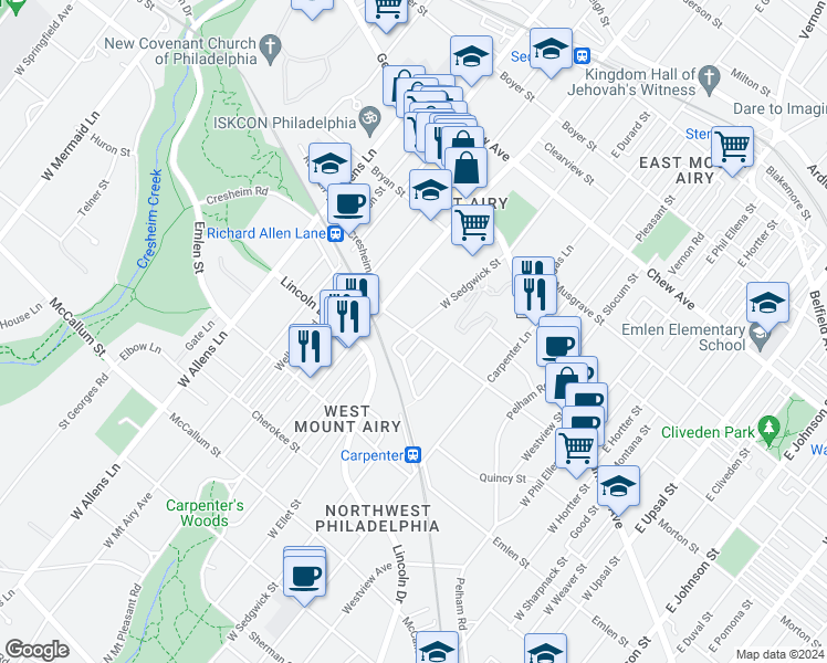 map of restaurants, bars, coffee shops, grocery stores, and more near 7000 Cresheim Road in Philadelphia