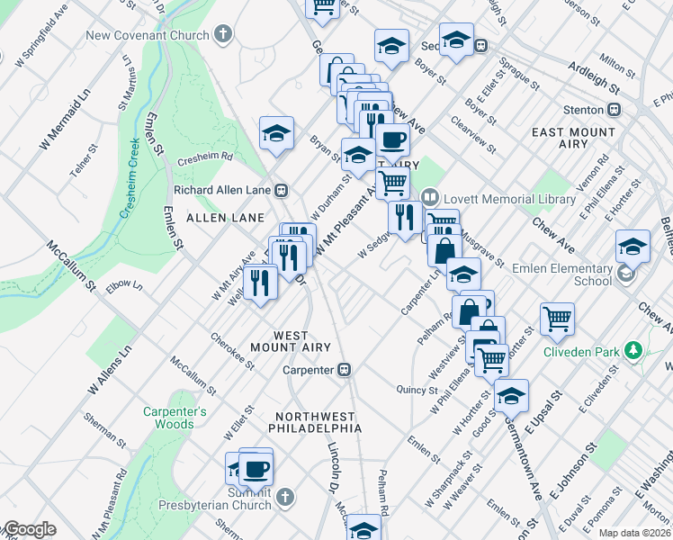 map of restaurants, bars, coffee shops, grocery stores, and more near 7000 Cresheim Road in Philadelphia
