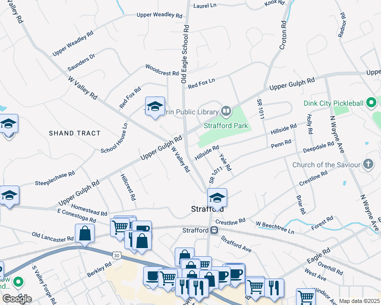 map of restaurants, bars, coffee shops, grocery stores, and more near 275 West Valley Road in Wayne
