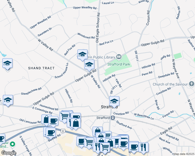 map of restaurants, bars, coffee shops, grocery stores, and more near 275 West Valley Road in Wayne