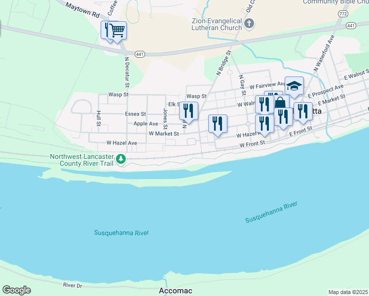 map of restaurants, bars, coffee shops, grocery stores, and more near 421 West Market Street in Marietta