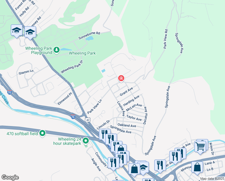 map of restaurants, bars, coffee shops, grocery stores, and more near 1893 Louisa Ave in Wheeling