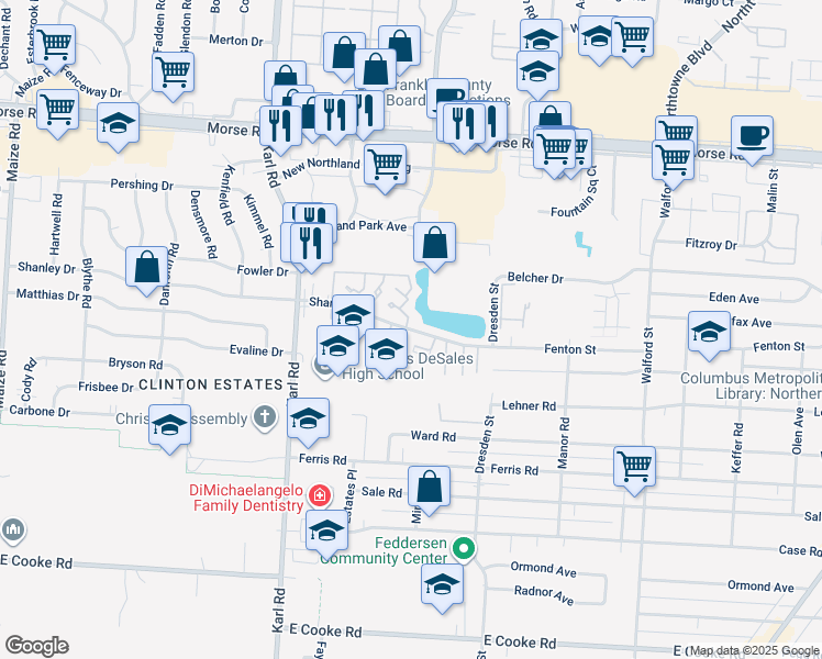 map of restaurants, bars, coffee shops, grocery stores, and more near 1691 Shanley Drive in Columbus
