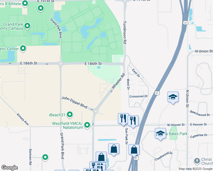 map of restaurants, bars, coffee shops, grocery stores, and more near West Drive in Westfield