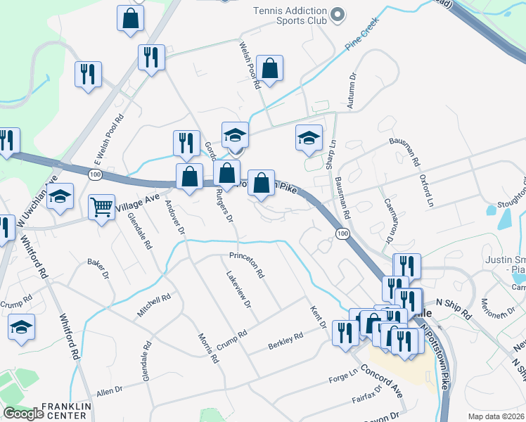 map of restaurants, bars, coffee shops, grocery stores, and more near 301 Worthington Drive in Exton