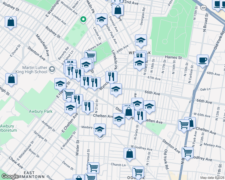 map of restaurants, bars, coffee shops, grocery stores, and more near 6558 Limekiln Pike in Philadelphia
