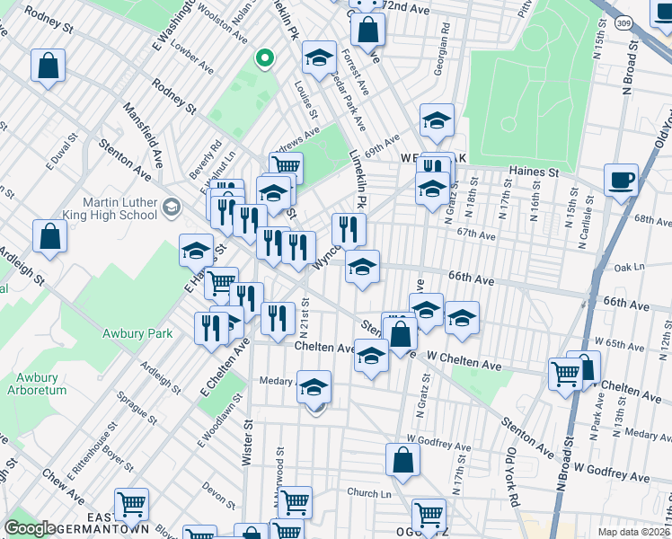 map of restaurants, bars, coffee shops, grocery stores, and more near 6550 North Lambert Street in Philadelphia