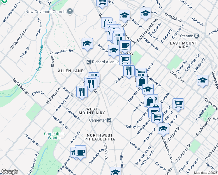 map of restaurants, bars, coffee shops, grocery stores, and more near 7000 Cresheim Road in Philadelphia