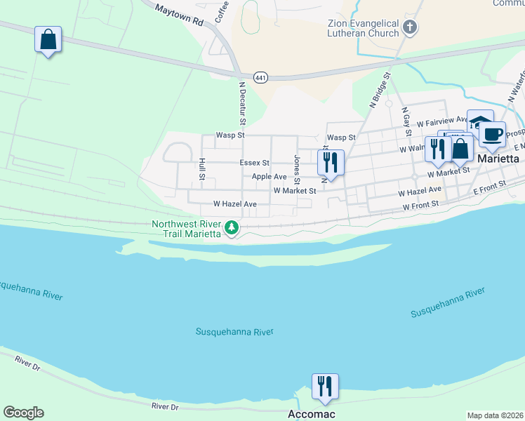 map of restaurants, bars, coffee shops, grocery stores, and more near 39 South Porter Street in Marietta