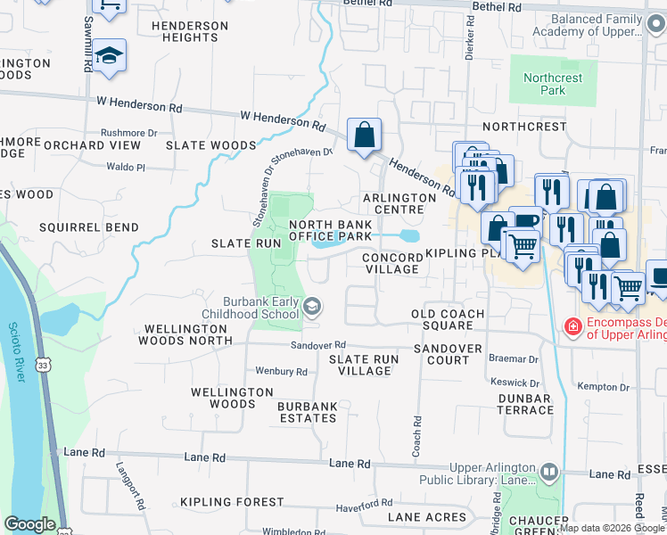 map of restaurants, bars, coffee shops, grocery stores, and more near 4875 Mannboro Drive in Columbus