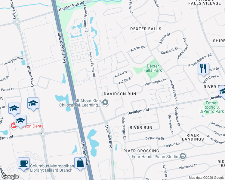map of restaurants, bars, coffee shops, grocery stores, and more near 3976 Thims Court in Hilliard