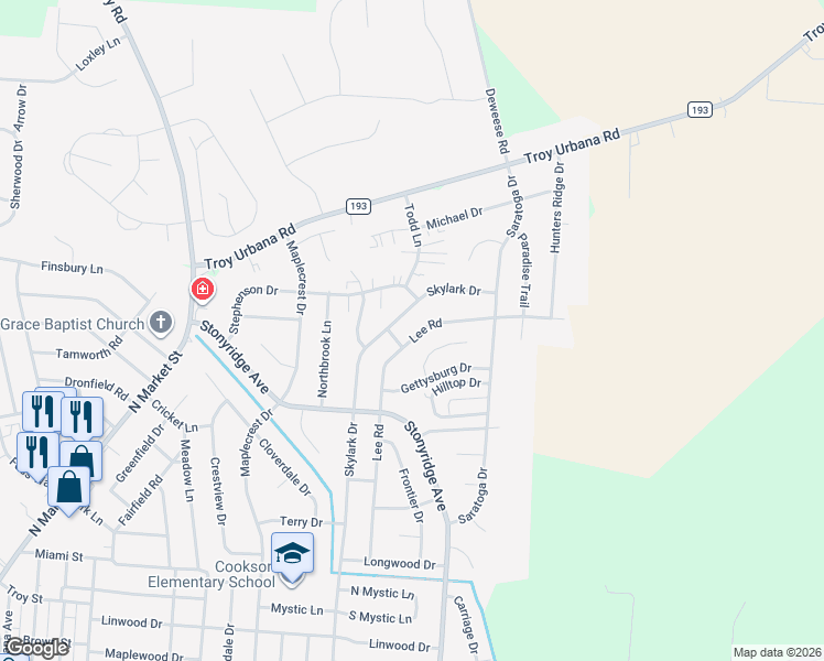 map of restaurants, bars, coffee shops, grocery stores, and more near 1385 Lee Road in Troy