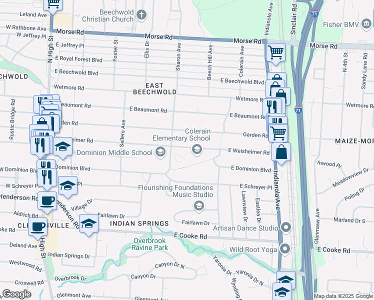 map of restaurants, bars, coffee shops, grocery stores, and more near 330 East Dominion Boulevard in Columbus
