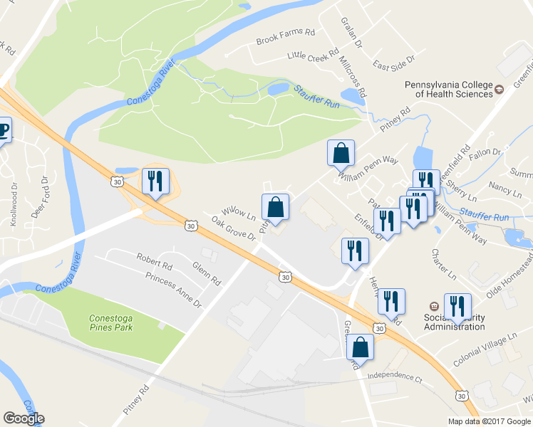 map of restaurants, bars, coffee shops, grocery stores, and more near 238 Pitney Road in Lancaster