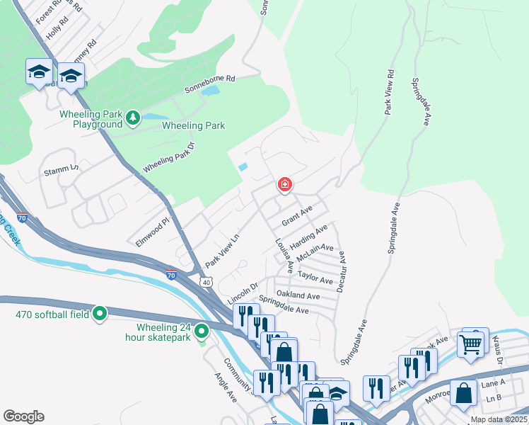 map of restaurants, bars, coffee shops, grocery stores, and more near 1893 Louisa Avenue in Wheeling