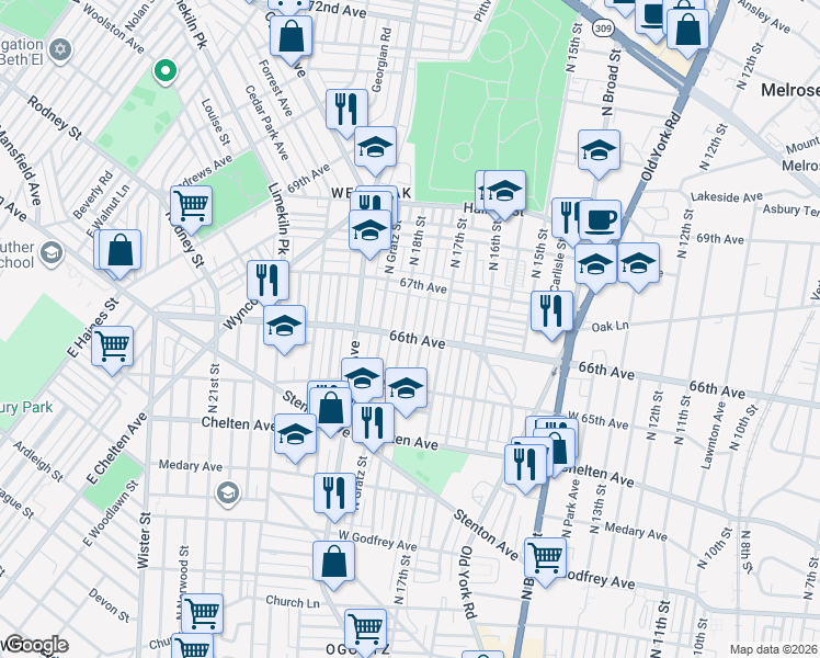 map of restaurants, bars, coffee shops, grocery stores, and more near 6603 North Bouvier Street in Philadelphia