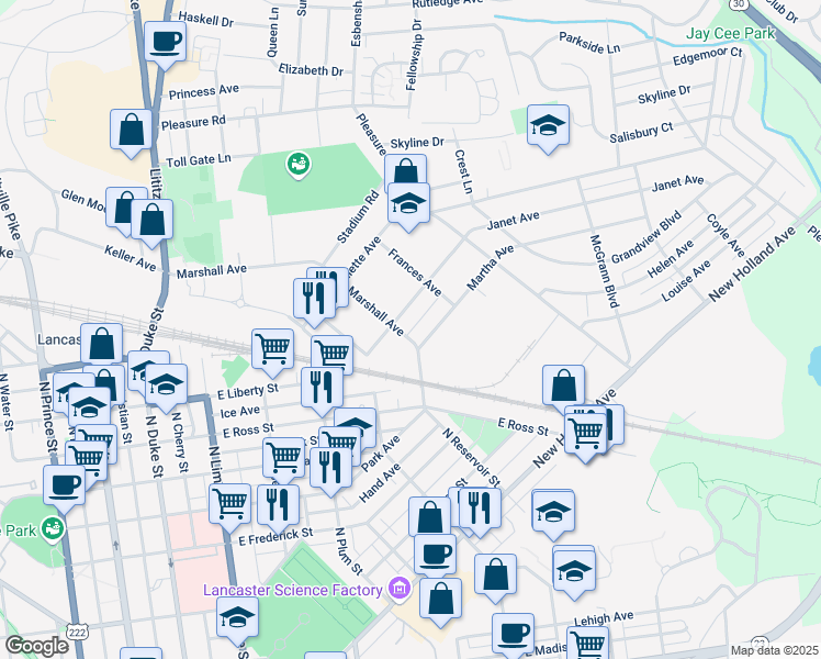 map of restaurants, bars, coffee shops, grocery stores, and more near 1025 Marshall Avenue in Lancaster