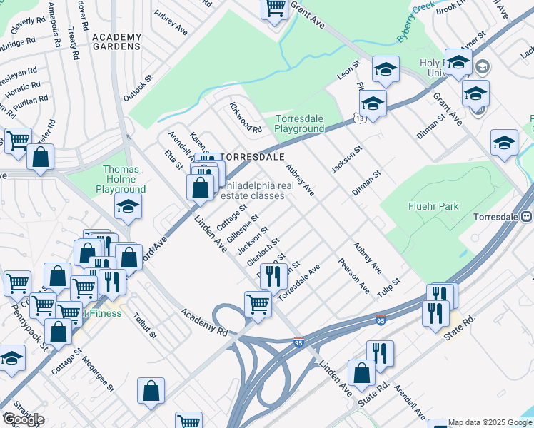 map of restaurants, bars, coffee shops, grocery stores, and more near 9317 Gillespie Street in Philadelphia