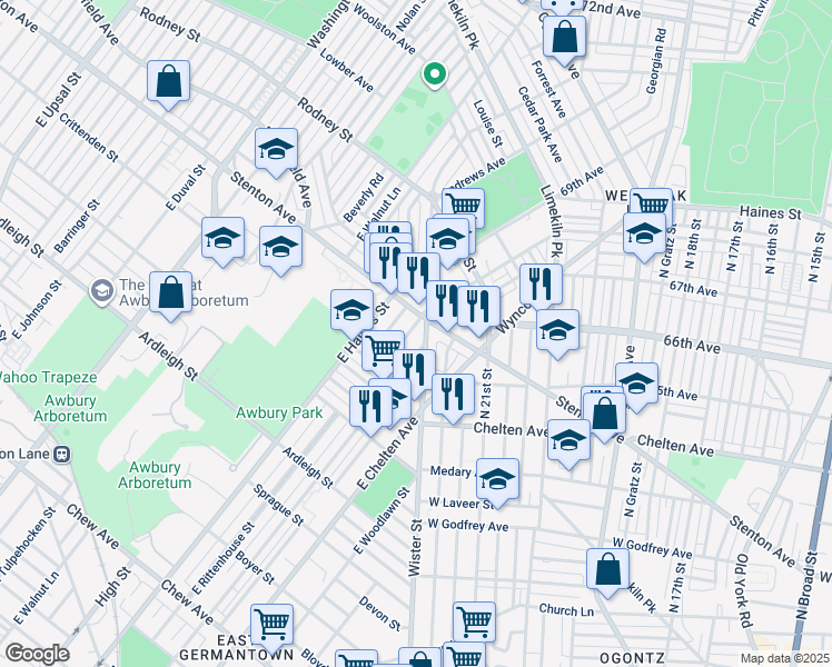 map of restaurants, bars, coffee shops, grocery stores, and more near 1366 East Rittenhouse Street in Philadelphia