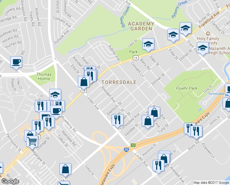 map of restaurants, bars, coffee shops, grocery stores, and more near 9317 Gillespie Street in Philadelphia