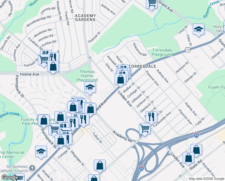 map of restaurants, bars, coffee shops, grocery stores, and more near 9190 Frankford Avenue in Philadelphia