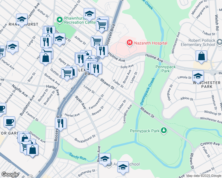 map of restaurants, bars, coffee shops, grocery stores, and more near 2802 Rhawn Street in Philadelphia